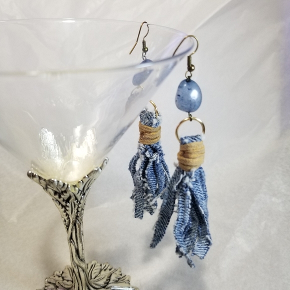 Blue Dyed Quartz Crystal, Denim and Leather Drop Earrings 4" - Picture 5 of 6